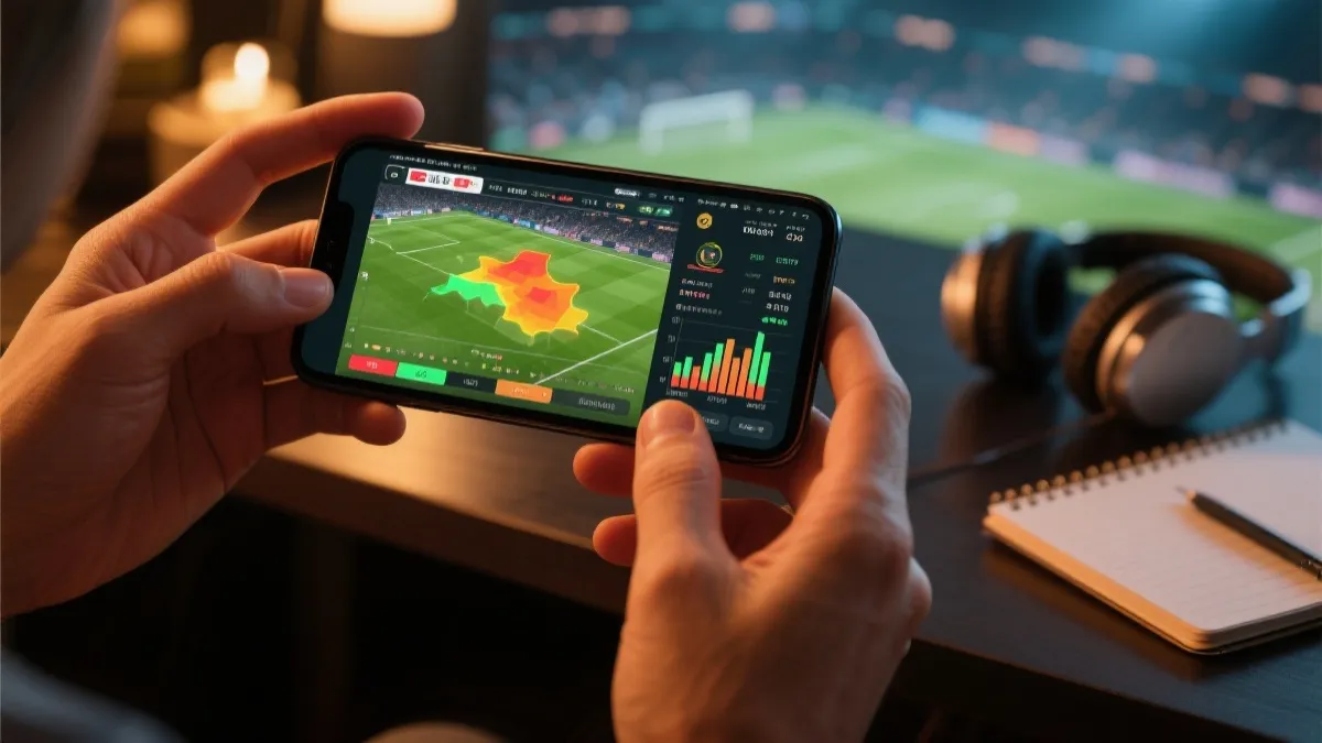 手机屏幕展示足球比赛数据与直播画面，旁边有耳机与记事本的观赛分析场景